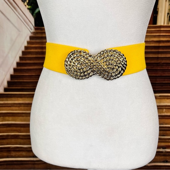 Accessories - Vintage 80s Metal Gold Rope Elastic Waist Band Belt, 27” long, front hook adorbs